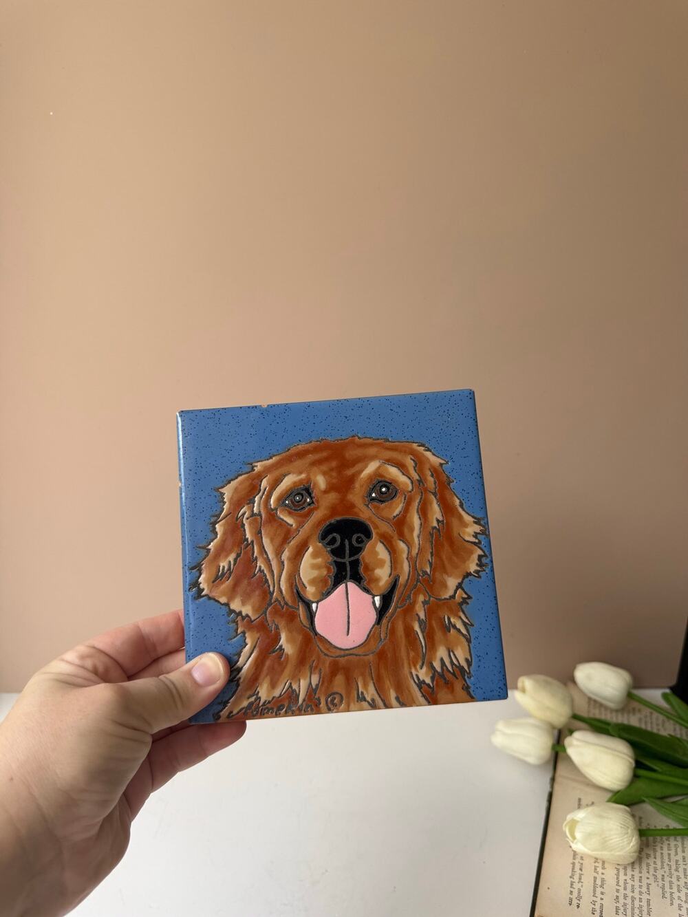 Hand Painted Ceramic Golden Retriever Trivet Tile Decorative Wall Dog Lover